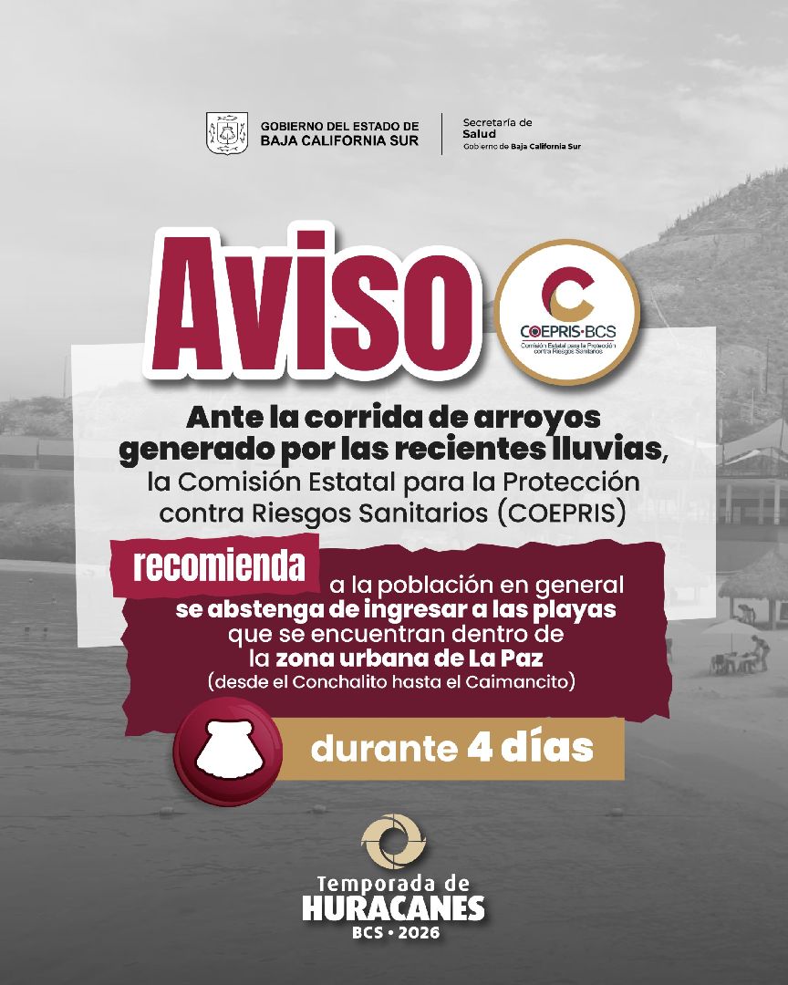 RECOMIENDA COEPRIS NO INGRESAR A PLAYAS URBANAS DE LA PAZ DURANTE CUATRO DÍAS